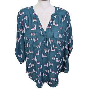 Torrid Harper Women Plus 2X Blouse Shirt Top Hunter Green Llama Print Semi Sheer
